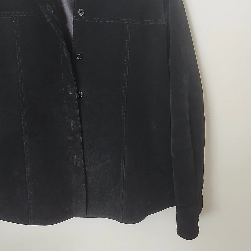Vintage AMI black genuine leather button up jacket, satin lined, women's large